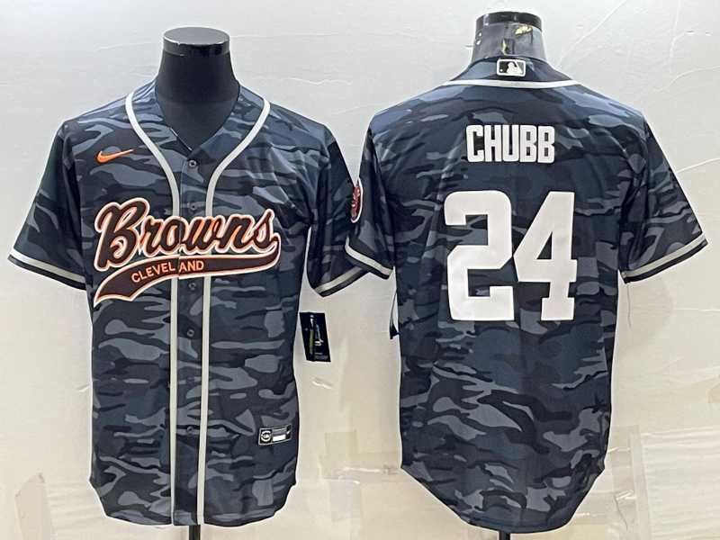 Mens Cleveland Browns #24 Nick Chubb Grey Camo With Patch Cool Base Stitched Baseball Jersey